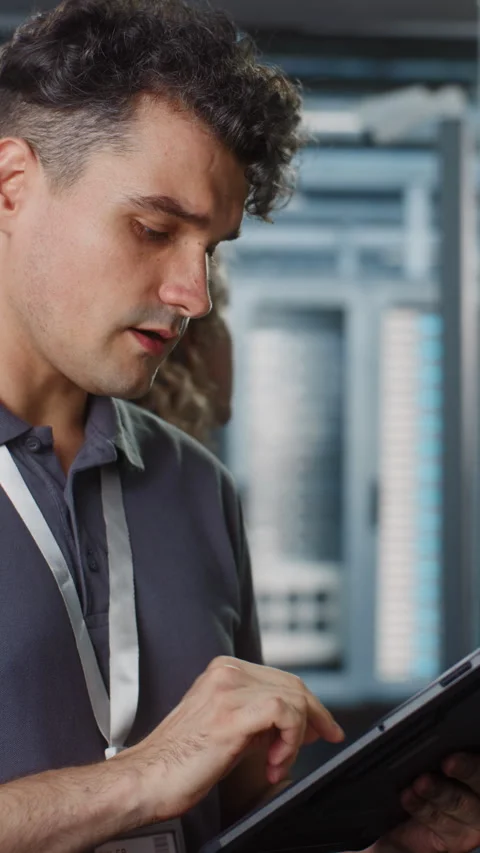 Network Engineers Managing Data Center Hardware with Mobile Tablet Stock Footage 344887110