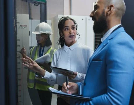 Network engineers, planning and server room for internet infrastructure and Stock Photos