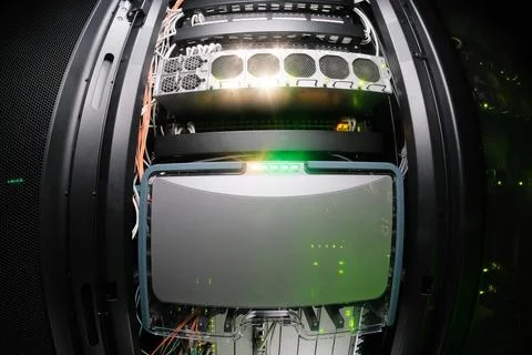 Network equipment in server room. Large switch for LAN in office. Server ra.. Stock Photos