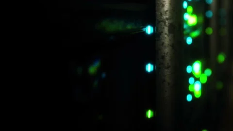 Network equipment shows lights in a server room during evening hours Stock Footage 345006166