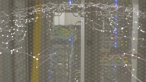 On network event nodes emerging lower-left crossing across top forming over mesh Stock Footage 337579067