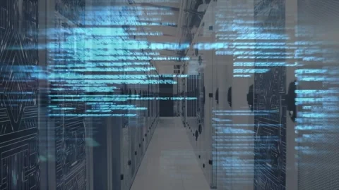 Network event sparking blue code overlay surging then fading over datacenter Stock Footage 333963180