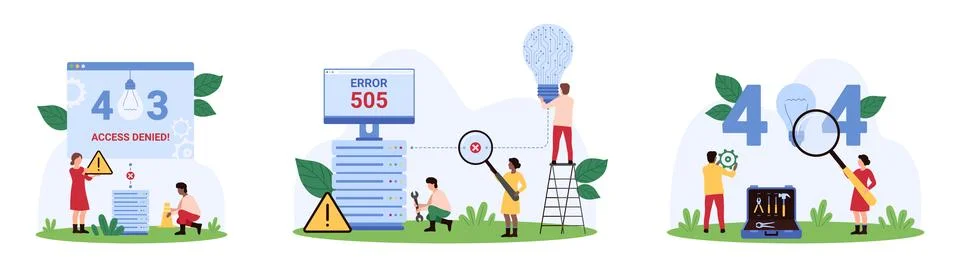 Network failure, 404 and 403, 505 error type set, tiny people holding warning Stock Illustration