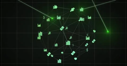 Network of financial icons and data processing image over dark grid background 스톡 일러스트