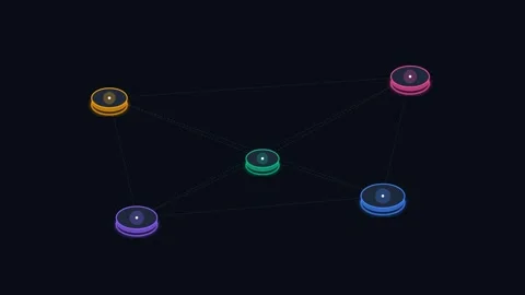 A network of five glowing neon nodes connected by thin lines on black backg.. Stock Footage 336263366