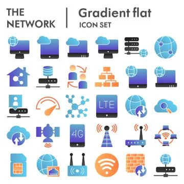 Network flat icon set, internet symbols collection, vector sketches, logo Illustrazione stock