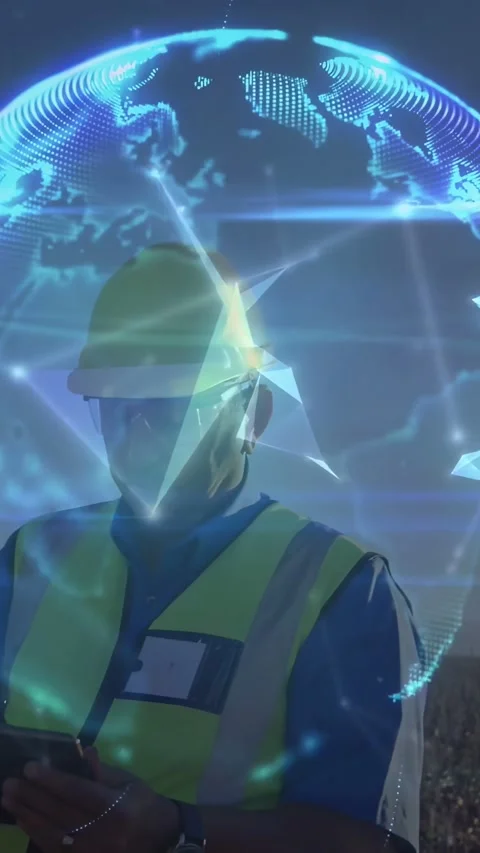 Network forming, revealing field tech using tablet, monitoring crops with globe Stock Footage 332546901