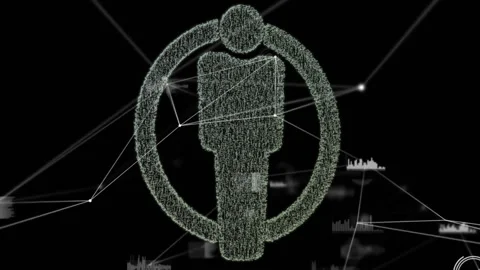 Network forming sparking particles assembling human icon in ring rotating, Stock Footage 312843795