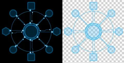Network futuristic circular data connection interface with glowing nodes and dig 库存插图