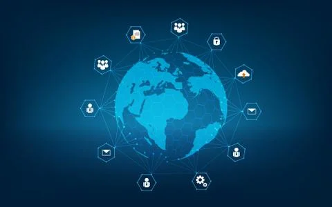 Network global Earth Communications network map of the world Blue map Dark bl Stock Illustration