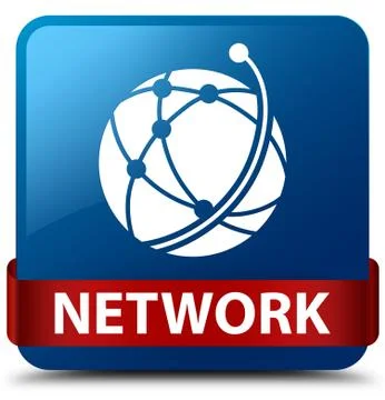 Network (global network icon) blue square button red ribbon in middle Stock Illustration