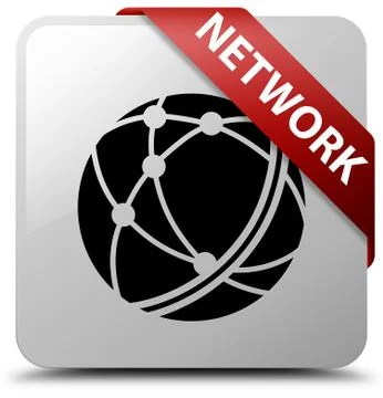 Network (global network icon) white square button red ribbon in corner Stock Illustration