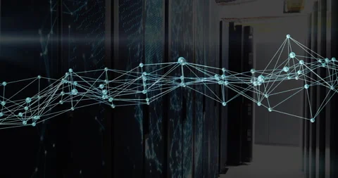 Network graph appearing on server racks nodes flickering lines extending Stock Footage 314850415
