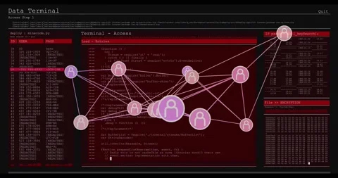 Network graph expanding across data terminal panels after code executing Stock Footage 317128597
