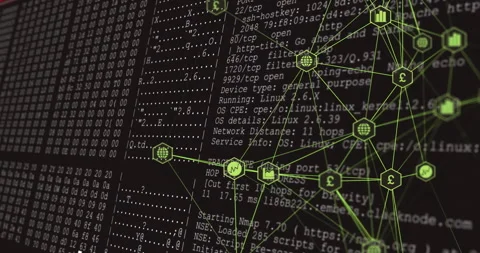 Network graph fading in causing scrolling nmap port scan and traceroute showing Stock Footage 311901352