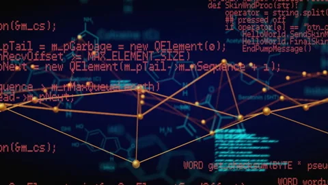 Network graph fading in showing cyan code, scrolling red text, pulsing nodes Stock Footage 311678050