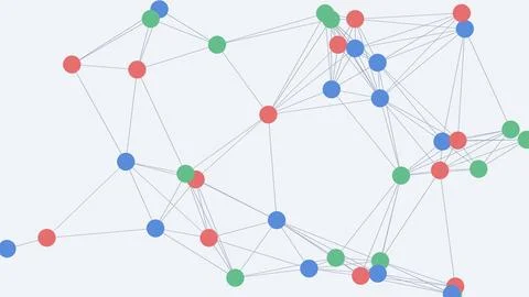 Network graph with interconnected colored nodes and lines on white background Stock Illustration