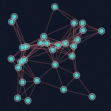 Network graph with interconnected nodes and lines on dark background Stock Illustration