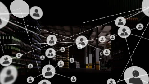 Network graph overlay expanding across warehouse, starting from single node icon Stock Footage 309681630