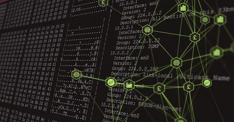 Network graph overlaying monospace code and ASCII art on screen, with neon green Stock Illustration