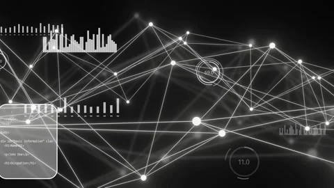 Network graph reacting to data feed, pulsing nodes and revealing widgets showing Stock Footage 334338034