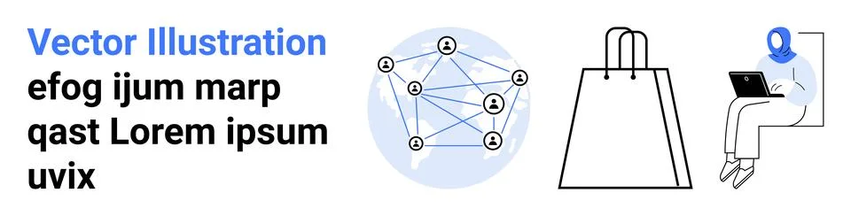 Network graph representing digital connectivity, large shopping bag, person w Stock Illustration