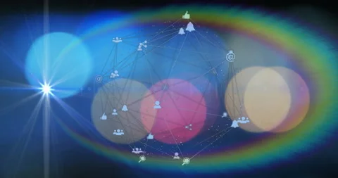 Network graph showing connections over blue gradient linking user, group icons Stock Footage 309109420