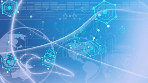 Network graphic animating globe sweeping bands driving cable hex nodes pulsing Stock Footage 334788705