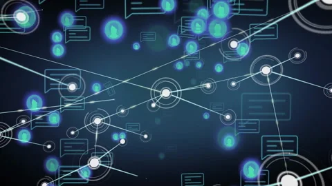 Network graphic being animated over dark gradient with glowing nodes, chat Stock Footage 309286069