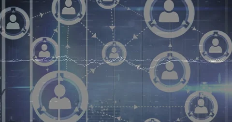 Network graphic displaying user icons in concentric nodes, showing dashed lines Stock Footage 307436709