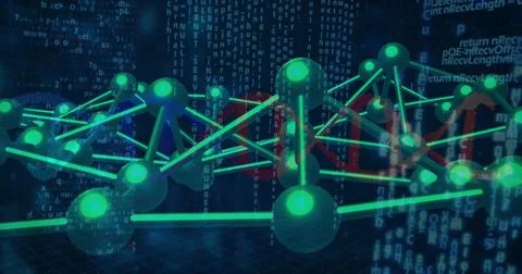Network of green glowing spheres floating above grid in digital space, with 스톡 사진