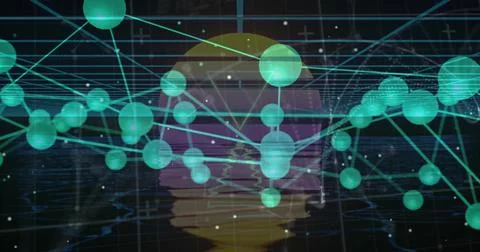 Network of green spheres floating, linking via cyan lines in digital grid, with Stock Illustration