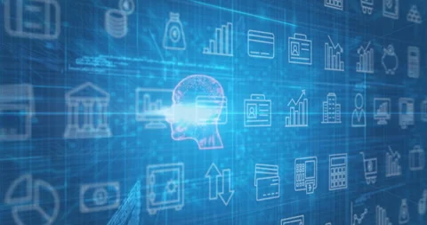 Network grid featuring pink head projecting light beam toward card, surrounding Vídeos de archivo 309092933