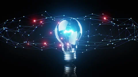 Network Grid Growing Over Flashing Light Bulb in the Dark. Ai Neural Network and Stock Footage 310803894
