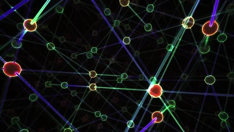 Network Grid Showing Colorful Glowing Connections and Nodes in Fast Motion Stock Footage 343741981