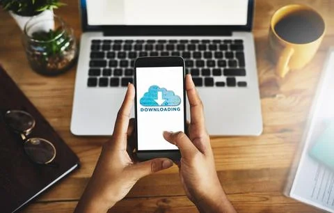 Network, hands and phone screen as download in cloud computing, communication or Fotos Stock