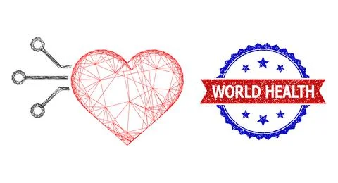 Network Heart Sensor Web Mesh and Grunge Bicolor World Health Stamp Seal Illustrazione stock