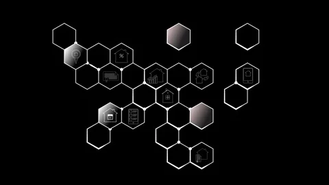 A network of hexagons containing symbols of real estate market development on a Stock Footage 269138288