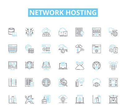 Network hosting linear icons set. Cloud, Server, Virtualization, Bandwidth Stock Illustration