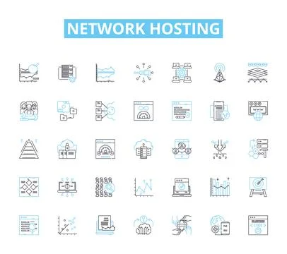 Network hosting linear icons set. Cloud, Server, Virtualization, Bandwidth Stock Illustration