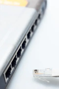 Network hub switch with lan cable disconnected Stock Photos