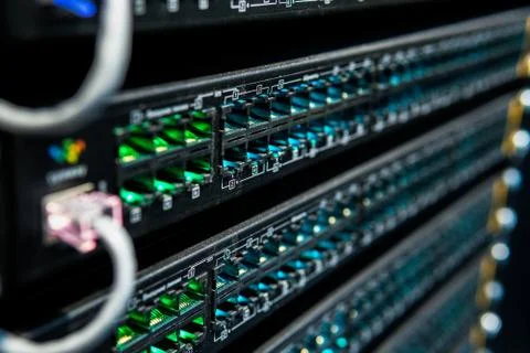 Network hub switch without patch cable. Close up Stock Photos