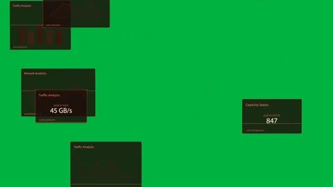 Network HUD receiving data update sliding metrics then returning to ring nodes Stock Footage 333972460