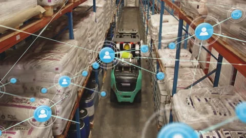 Network icon pulsing initiating warehouse forklift driving down aisle as Stock Footage 309872558