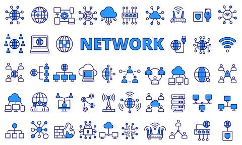Network icon set in line design blue. Net, icon, global, cloud, computer, vector Illustrazione stock