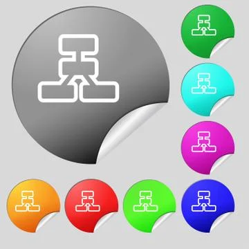 Network icon sign. Set of eight multi colored round buttons, stickers. Vector 스톡 일러스트