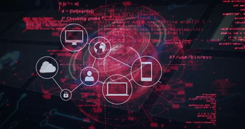Network icons being animated in 3D connecting around wireframe globe over dark Stock Footage 309282326