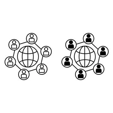 Network icons. Black and White Vector Icons of Planet and People Around. Pe.. Stock Illustration