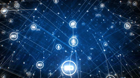 Network Icons Blue Grid Flying Through. Beautiful 3d Animation of Abstract Stock Footage 148200791