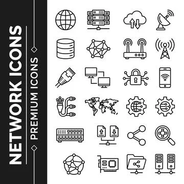 Network icons collection, including globe, server racks, cloud storage, sat.. イラスト素材